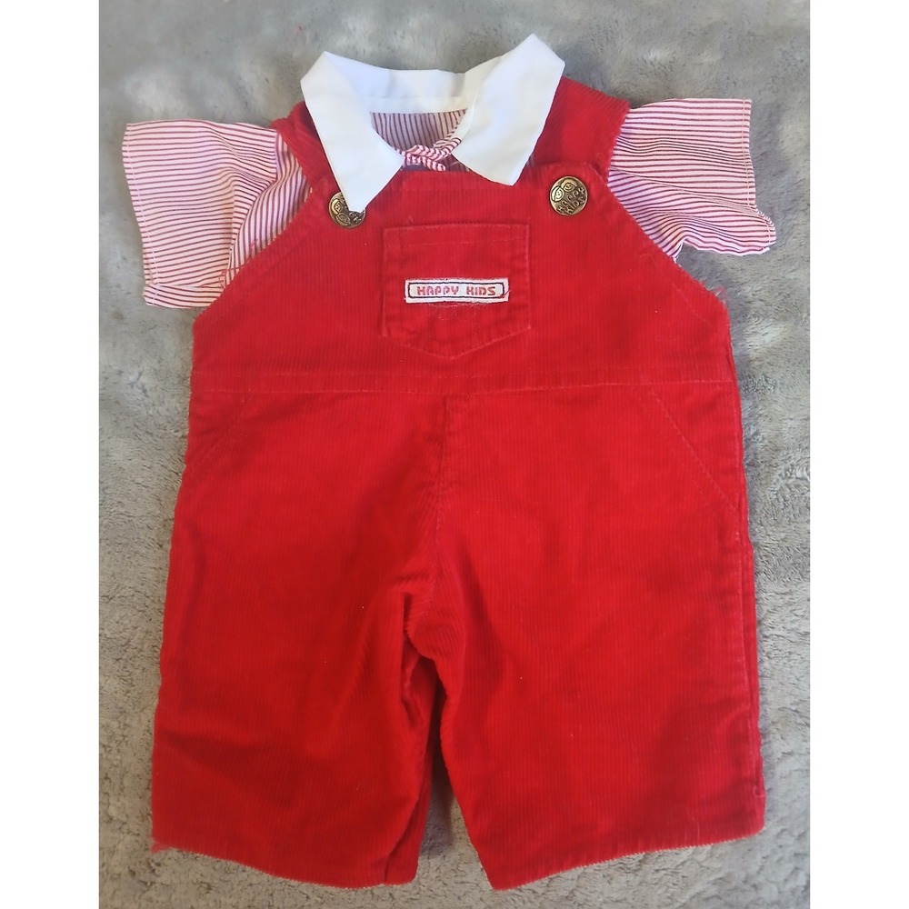 Happy Kids Red Corduroy Overalls and Pinstripe Shirt Set Vintage Style AB-126